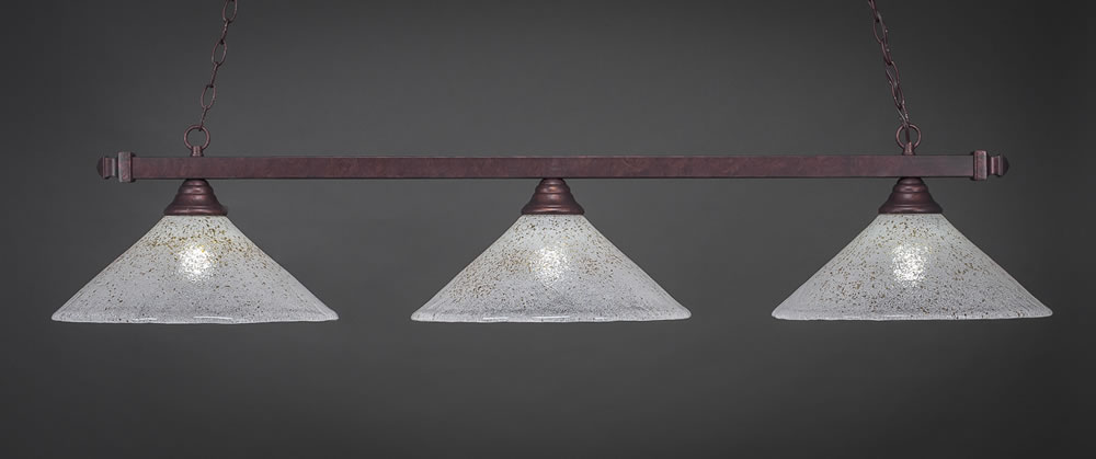 Square 3 Light Billiard Light Shown In Bronze Finish With 16" Gold Ice Glass