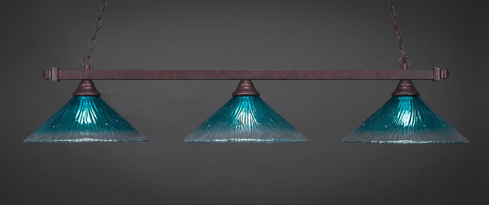 Square 3 Light Billiard Light Shown In Bronze Finish With 16" Teal Crystal Glass