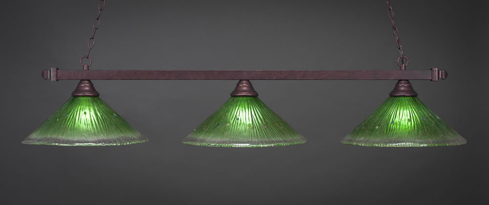 Square 3 Light Billiard Light Shown In Bronze Finish With 16" Kiwi Green Crystal Glass