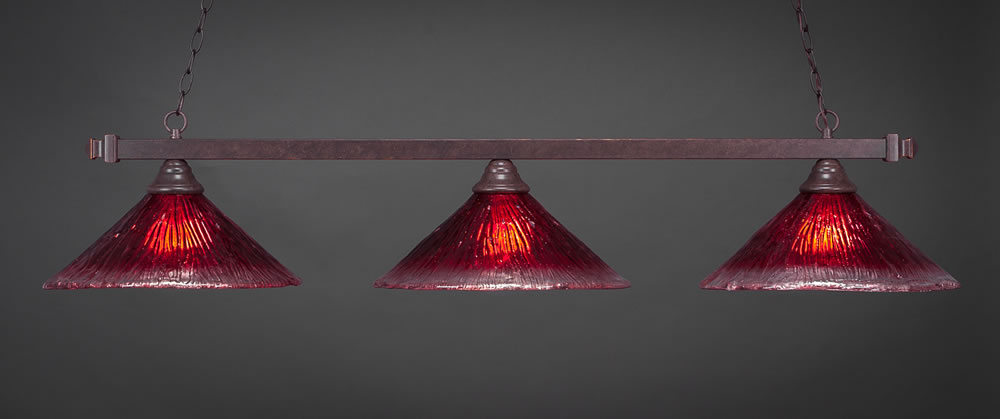 Square 3 Light Billiard Light Shown In Dark Granite Finish With 16" Raspberry Crystal Glass