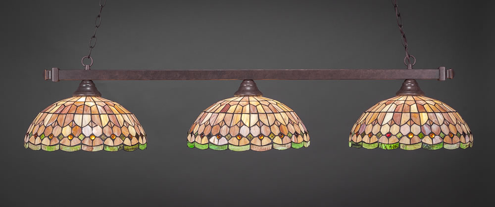 Square 3 Light Billiard Light Shown In Dark Granite Finish With 15" Rosetta Tiffany Glass