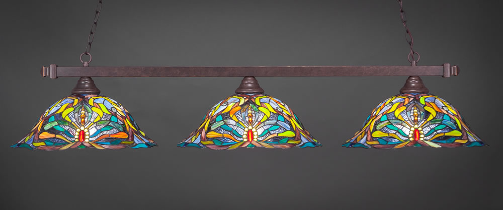 Square 3 Light Billiard Light Shown In Dark Granite Finish With 19" Kaleidoscope Tiffany Glass