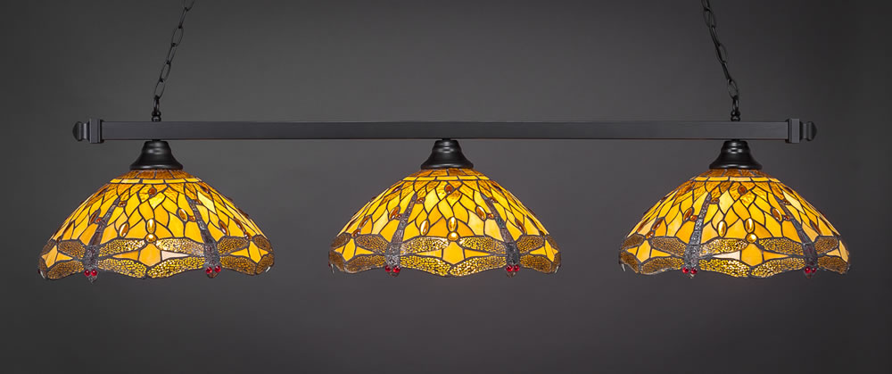 Square 3 Light Bar Shown In Matte Black Finish With 16" Amber Dragonfly Tiffany Glass