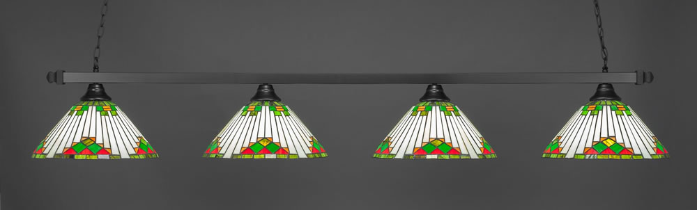 Square 4 Light Bar Shown In Matte Black Finish With 16" Green Sunray Tiffany Glass