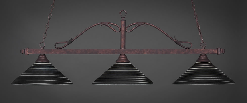 Scroll 3 Light Billiard Light Shown In Bronze Finish With 16" Charcoal Spiral Glass