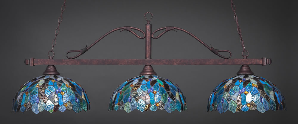 Scroll 3 Light Billiard Light Shown In Dark Granite Finish With 14" Tiger Glass