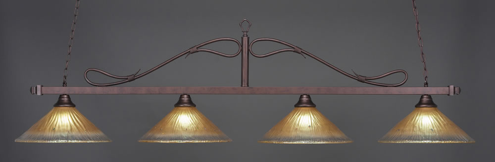Scroll 4 Light Billiard Light Shown In Bronze Finish With 16" Amber Crystal Glass