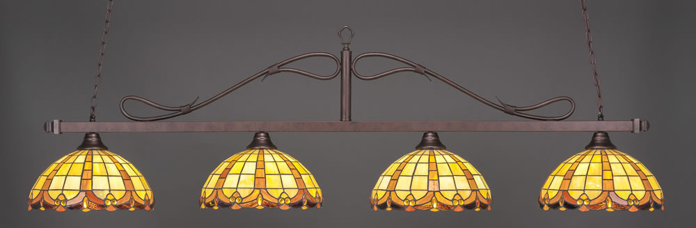 Scroll 4 Light Bar Shown In Bronze Finish With 14.5" Butterscotch Tiffany Glass