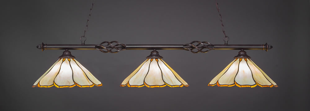 Eleganté 3 Light Billiard Light Shown In Dark Granite Finish With 16" Honey & Brown Flair Tiffany Glass