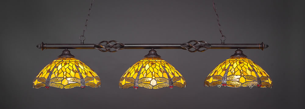 Eleganté 3 Light Billiard Light Shown In Dark Granite Finish With 16" Amber Dragonfly Tiffany Glass