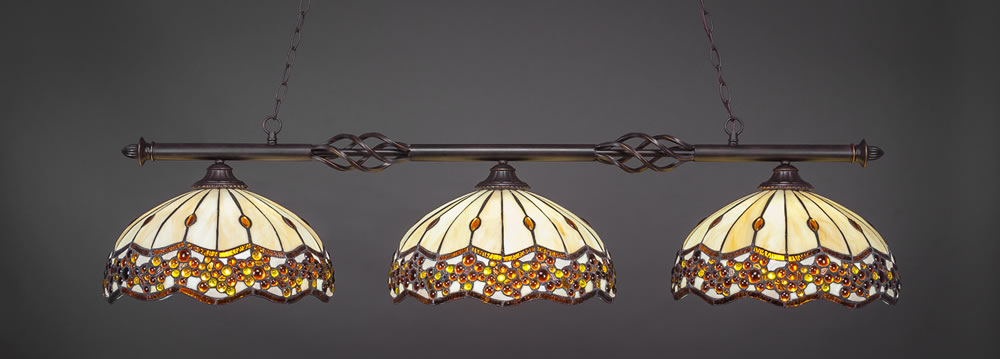 Eleganté 3 Light Billiard Light Shown In Dark Granite Finish With 16" Roman Jewel Tiffany Glass