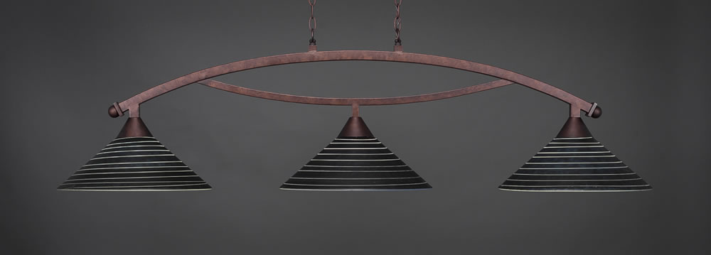 Bow 3 Light Billiard Light Shown In Bronze Finish With 16" Charcoal Spiral Glass