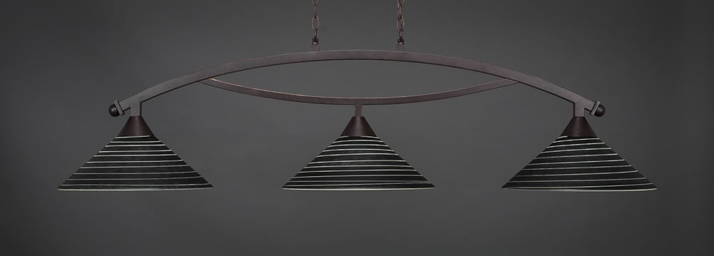 Bow 3 Light Billiard Light Shown In Dark Granite Finish With 16" Charcoal Spiral Glass