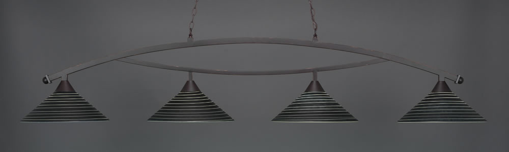 Bow 4 Light Billiard Light Shown In Dark Granite Finish With 16" Charcoal Spiral Glass