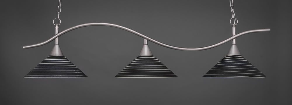 Swoop 3 Light Billiard Light Shown In Brushed Nickel Finish With 16" Charcoal Spiral Glass