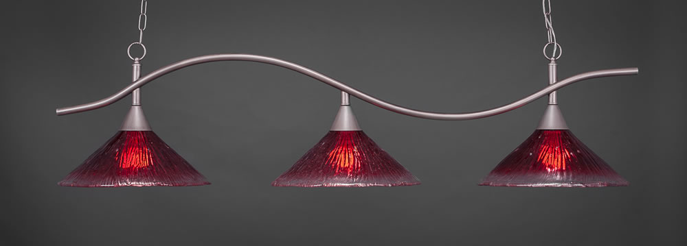Swoop 3 Light Billiard Light Shown In Brushed Nickel Finish With 16" Raspberry Crystal Glass