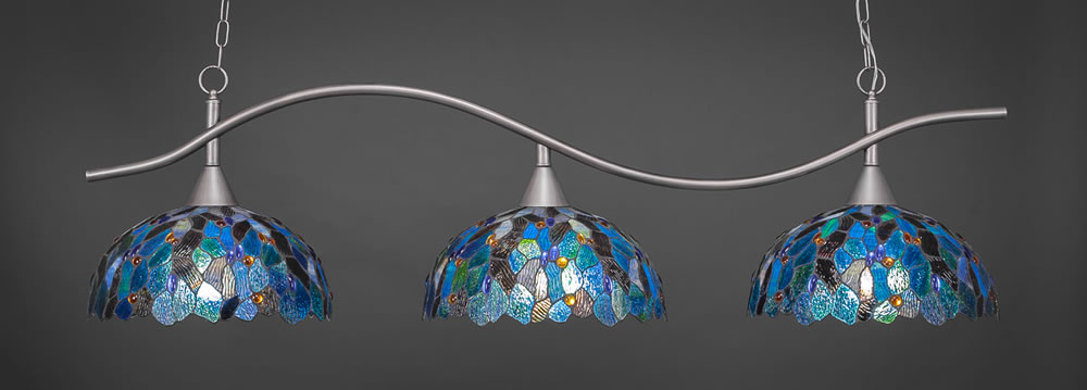 Swoop 3 Light Billiard Light Shown In Brushed Nickel Finish With 16" Blue Mosaic Tiffany Glass