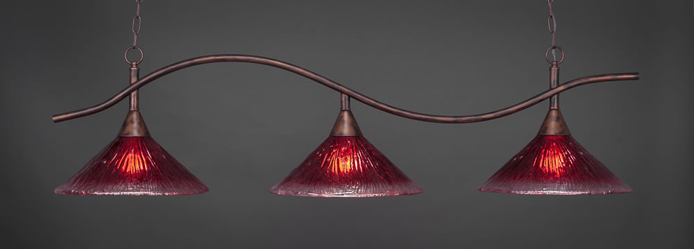 Swoop 3 Light Billiard Light Shown In Bronze Finish With 16" Raspberry Crystal Glass