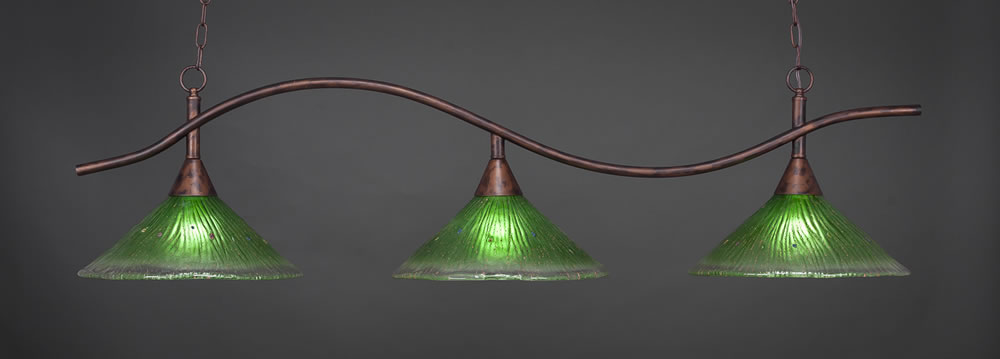 Swoop 3 Light Billiard Light Shown In Bronze Finish With 16" Kiwi Green Crystal Glass