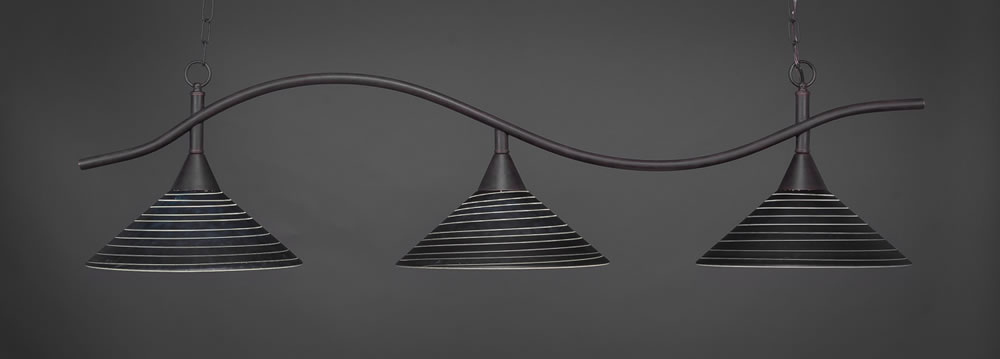 Swoop 3 Light Billiard Light Shown In Dark Granite Finish With 16" Charcoal Spiral Glass