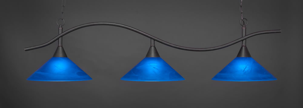 Swoop 3 Light Billiard Light Shown In Dark Granite Finish With 16" Blue Italian Glass