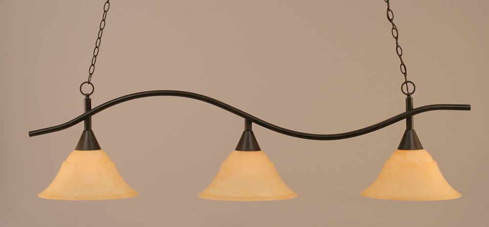 Swoop 3 Light Billiard Light Shown In Dark Granite Finish With 14" French Amber Marble Glass