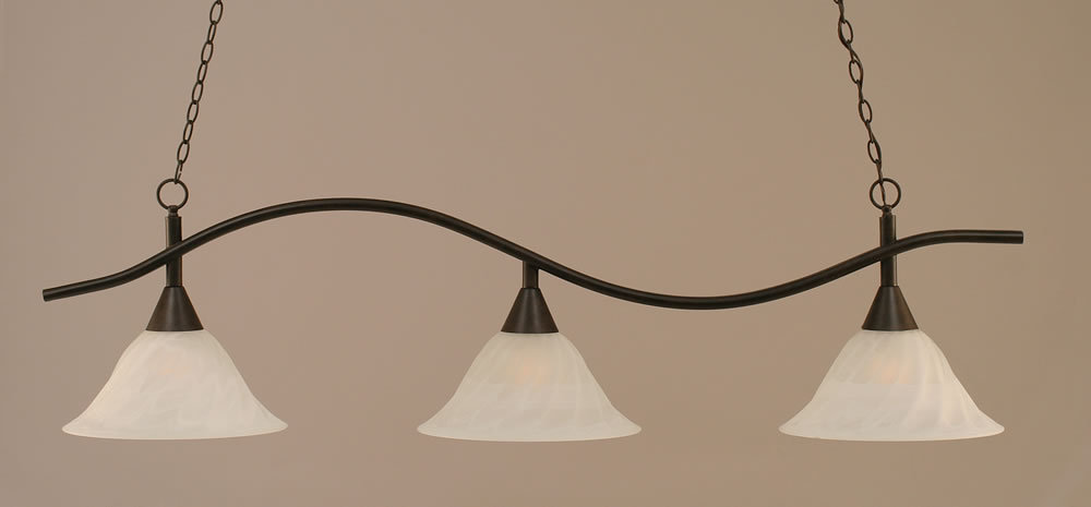 Swoop 3 Light Billiard Light Shown In Dark Granite Finish With 14" White Alabaster Swirl Glass