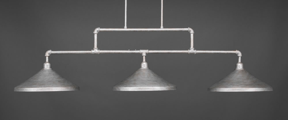 Vintage 3 Light Bar Shown In Aged Silver Finish With 14" Aged Silver Cone Metal Shades