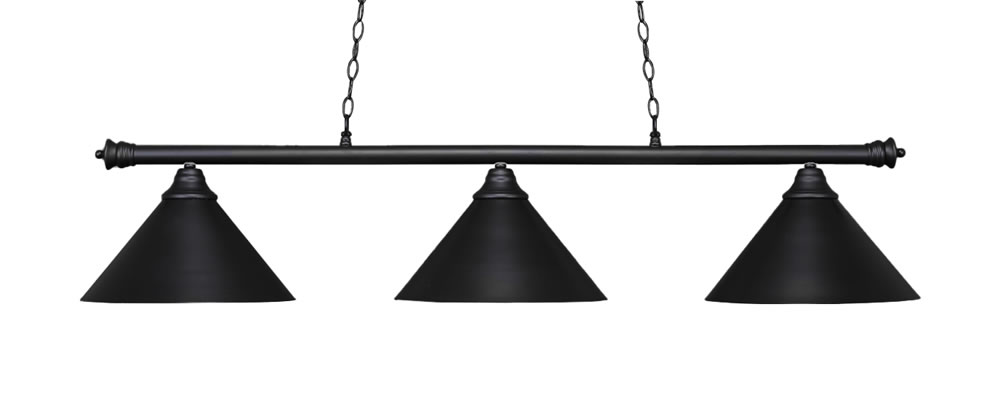 Oxford 3 Light Bar Shown In Matte Black Finish With 14 Matte Black Cone Metal Shades