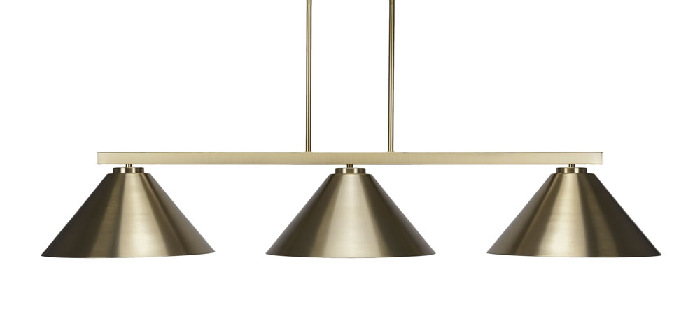 Atlas 3 Light Bar Shown In New Age Brass Finish With 14" New Age Brass Cone Metal Shades