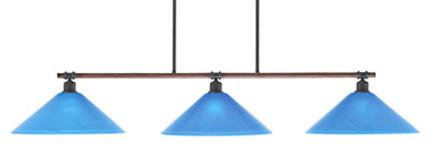 Blacksmith 3 Light Bar, Painted Wood-Look Metal & Dark Granite Finish, 16" Blue Italian Glass