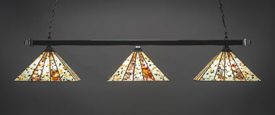 Square 3 Light Bar With Square Fitters With Square Fitters Shown In Black Copper Finish With 14" Fiesta Art Glass