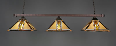 Square 3 Light Bar With Square Fitters Shown In Bronze Finish With 14" Santa Cruz Art Glass