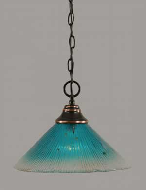 Chain Hung Pendant Shown In Black Copper Finish With 12" Teal Crystal Glass
