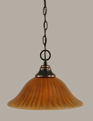 Chain Hung Pendant Shown In Black Copper Finish With 12" Tiger Glass