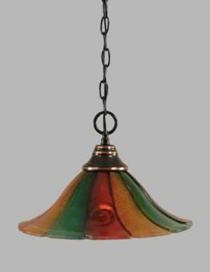 Chain Hung Pendant Shown In Black Copper Finish With 14" Mardi Gras Glass