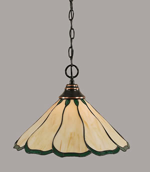 Chain Hung Pendant Shown In Black Copper Finish With 16" Honey & Hunter Green Flair Tiffany Glass