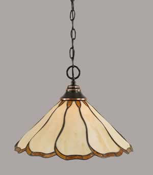 Chain Hung Pendant Shown In Black Copper Finish With 16" Honey & Brown Flair Tiffany Glass