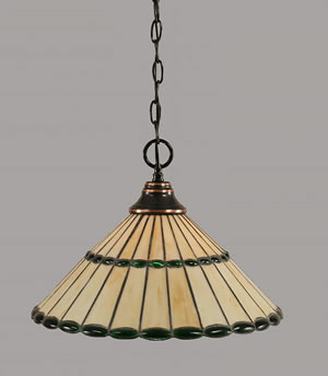 Chain Hung Pendant Shown In Black Copper Finish With 15.5" Honey Glass & Green Jewels Tiffany Glass