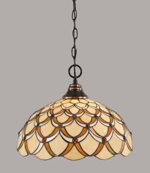 Chain Hung Pendant Shown In Black Copper Finish With 16" Honey & Brown Scallop Tiffany Glass