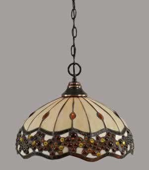 Chain Hung Pendant Shown In Black Copper Finish With 16" Roman Jewel Tiffany Glass