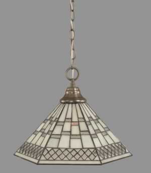 Chain Hung Pendant Shown In Brushed Nickel Finish With 16" Pearl & Black Tiffany Glass