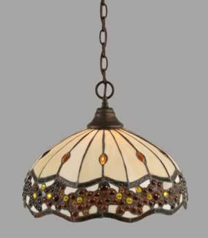 Chain Hung Pendant Shown In Bronze Finish With 16" Roman Jewel Tiffany Glass