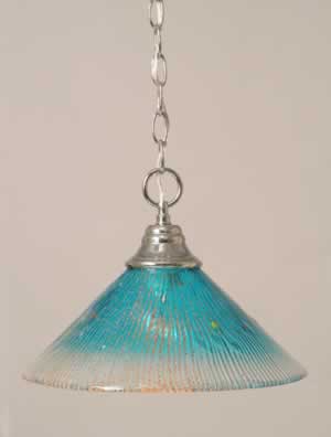 Chain Hung Pendant Shown In Chrome Finish With 12" Teal Crystal Glass