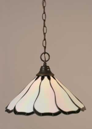 Chain Hung Pendant Shown In Dark Granite Finish With 16" Pearl & Black Flair Tiffany Glass