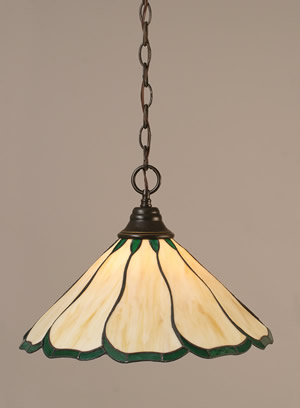 Chain Hung Pendant Shown In Dark Granite Finish With 16" Honey & Hunter Green Flair Tiffany Glass