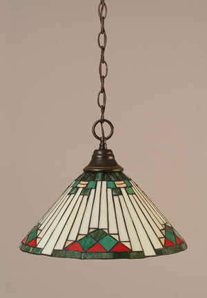 Chain Hung Pendant Shown In Dark Granite Finish With 15" Green Sunray Tiffany Glass