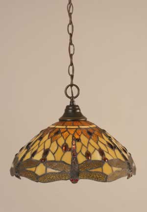Chain Hung Pendant Shown In Dark Granite Finish With 16" Amber Dragonfly Tiffany Glass