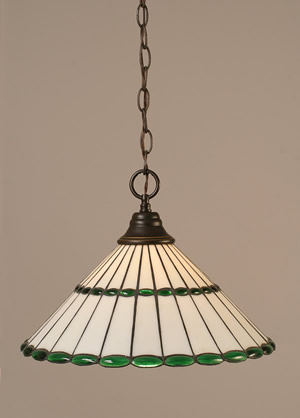 Chain Hung Pendant Shown In Dark Granite Finish With 15.5" Honey Glass & Green Jewels Tiffany Glass