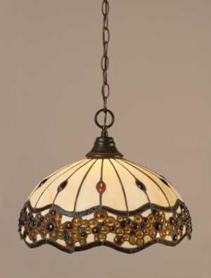 Chain Hung Pendant Shown In Dark Granite Finish With 16" Roman Jewel Tiffany Glass